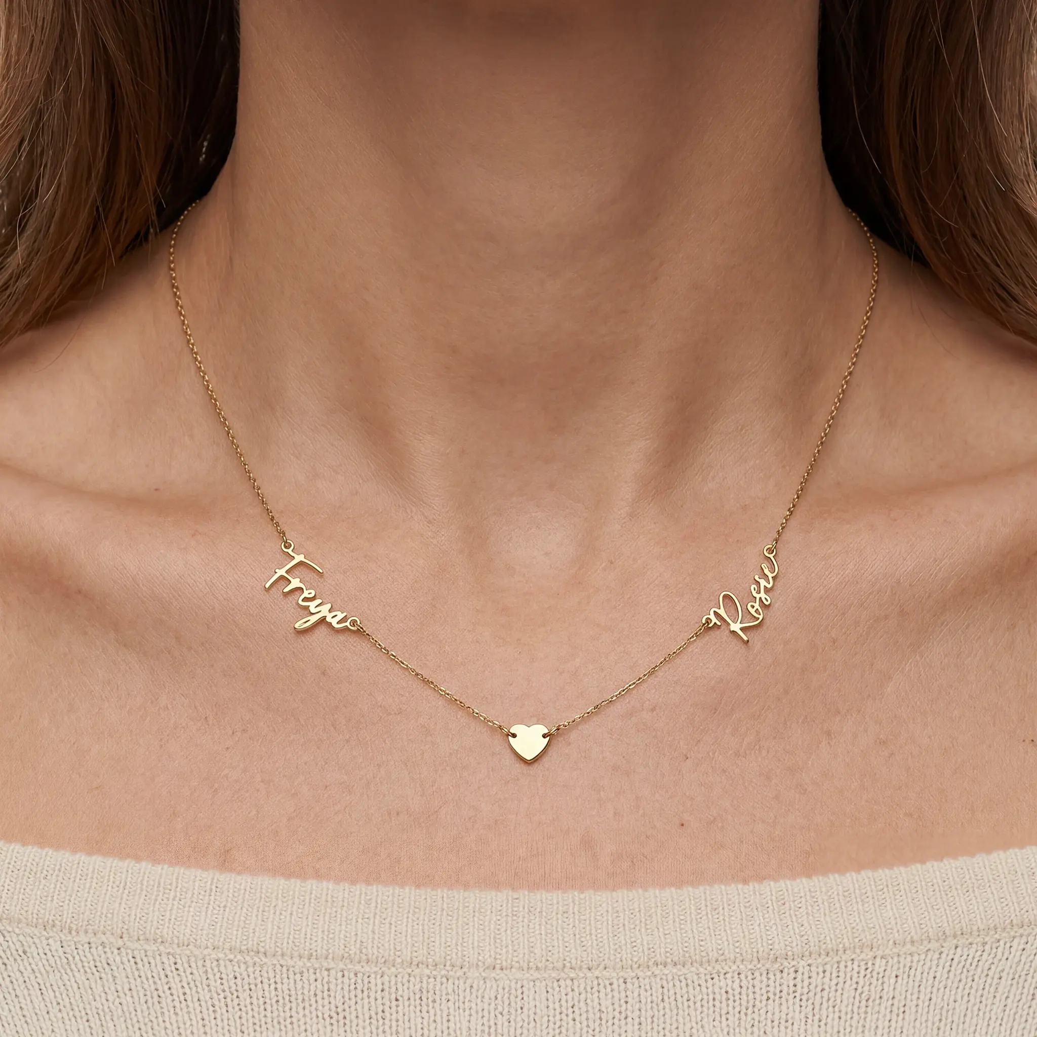 Double Name & Solid Heart Necklace - Image 11