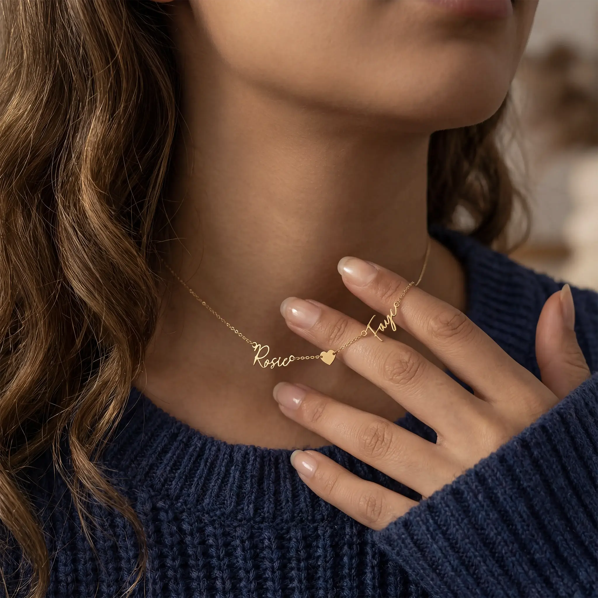 Double Name & Solid Heart Necklace - Image 2