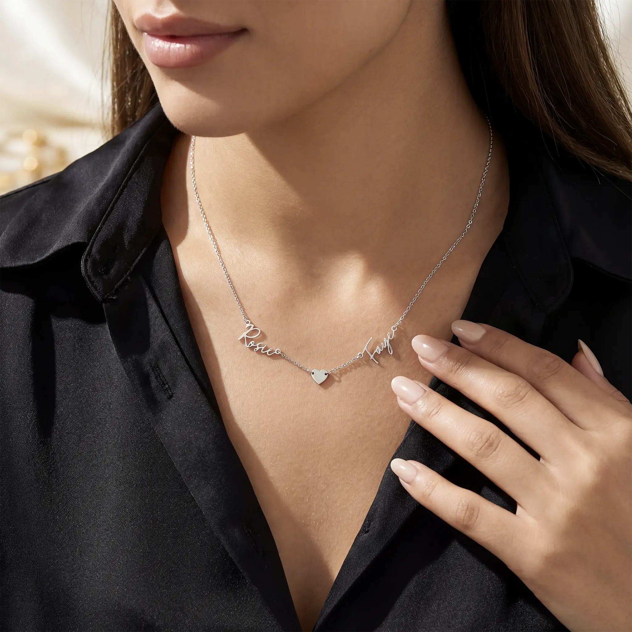 Double Name & Solid Heart Necklace - Image 4