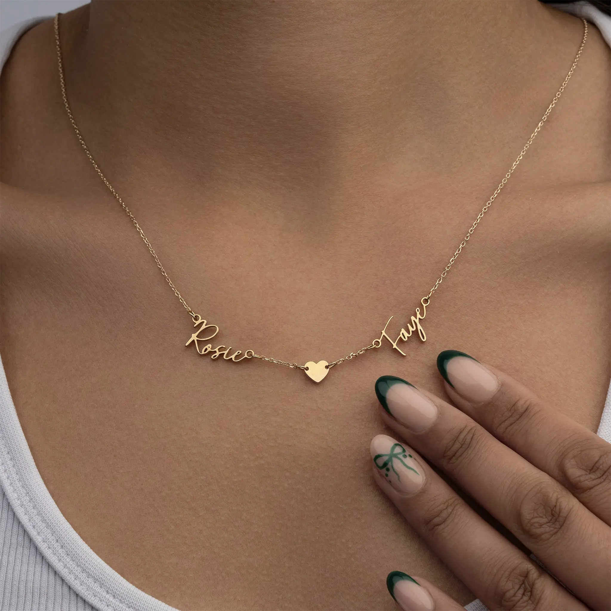 Double Name & Solid Heart Necklace - Image 5