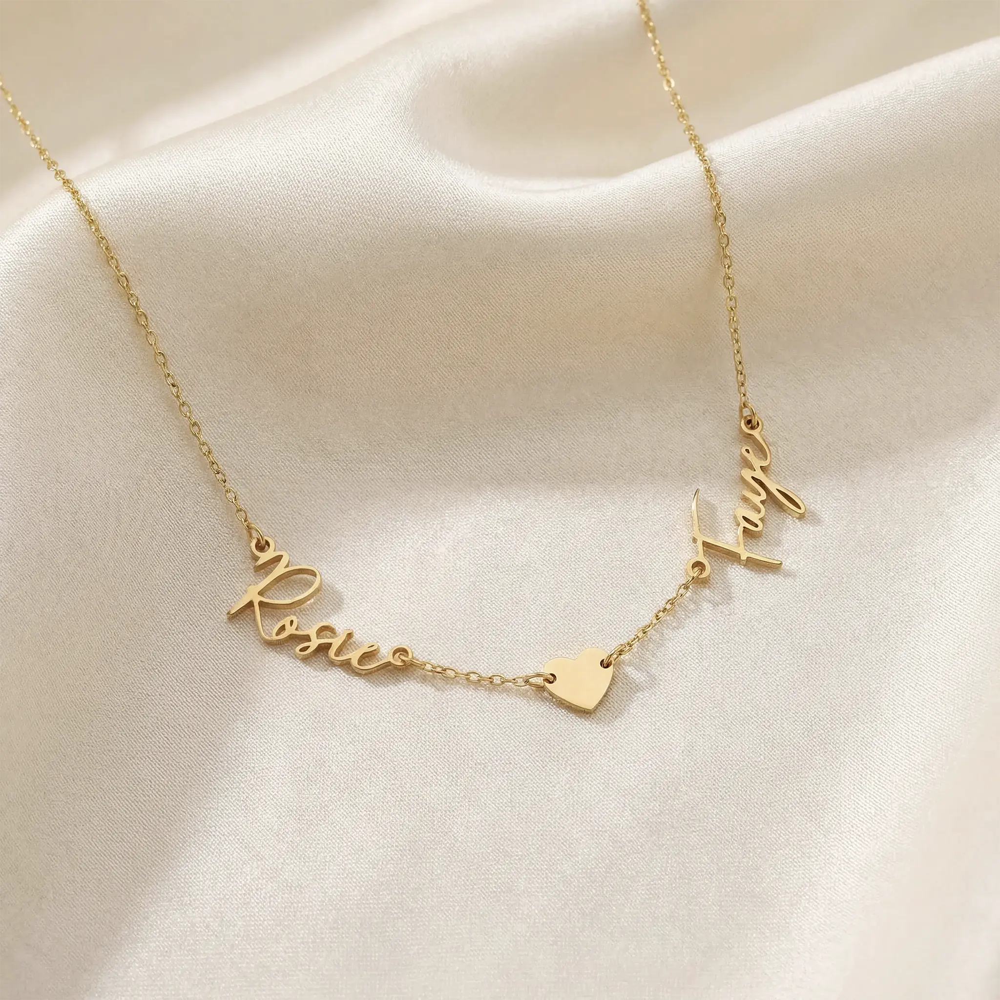 Double Name & Solid Heart Necklace - Image 6