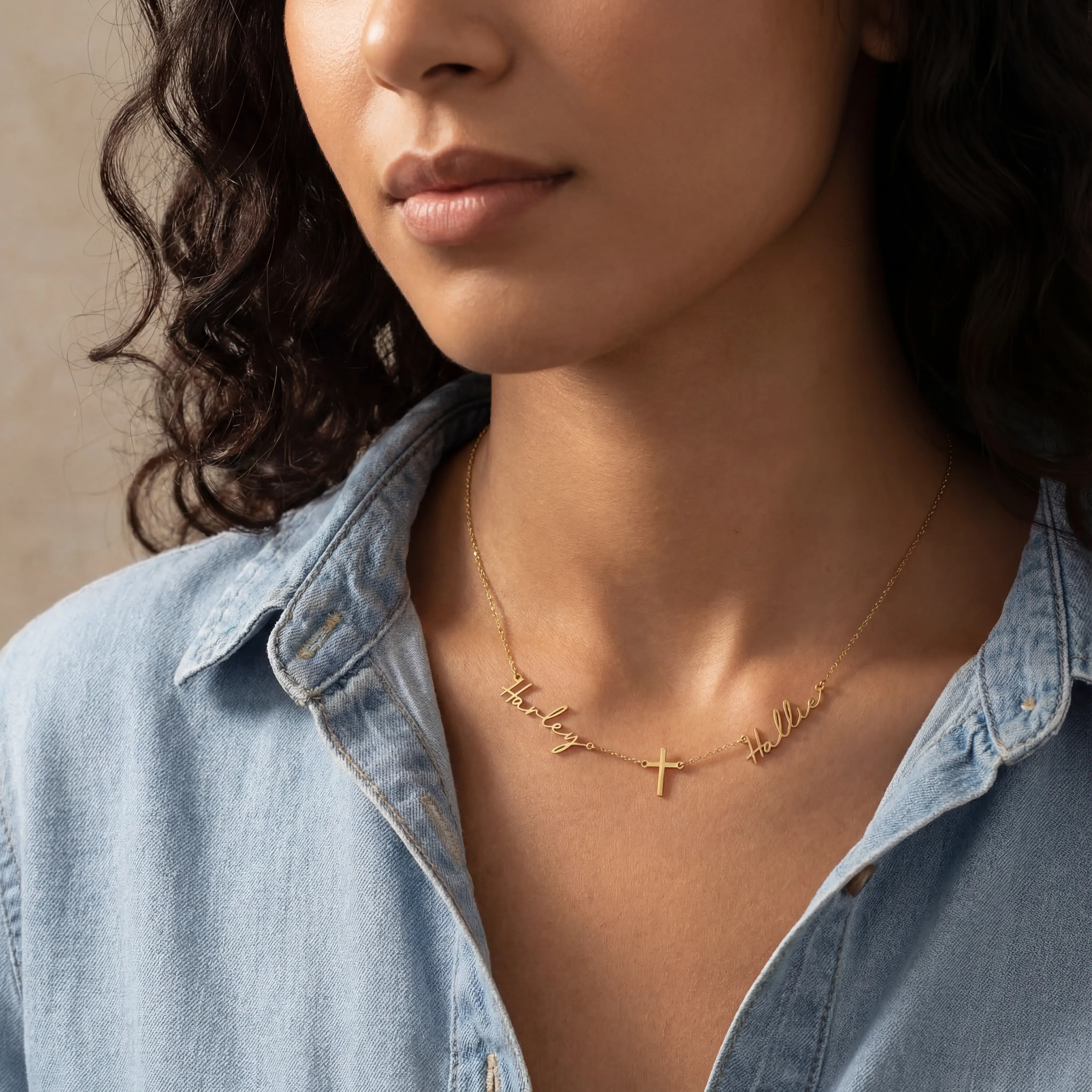 Double Name with Cross Necklace - Image 3