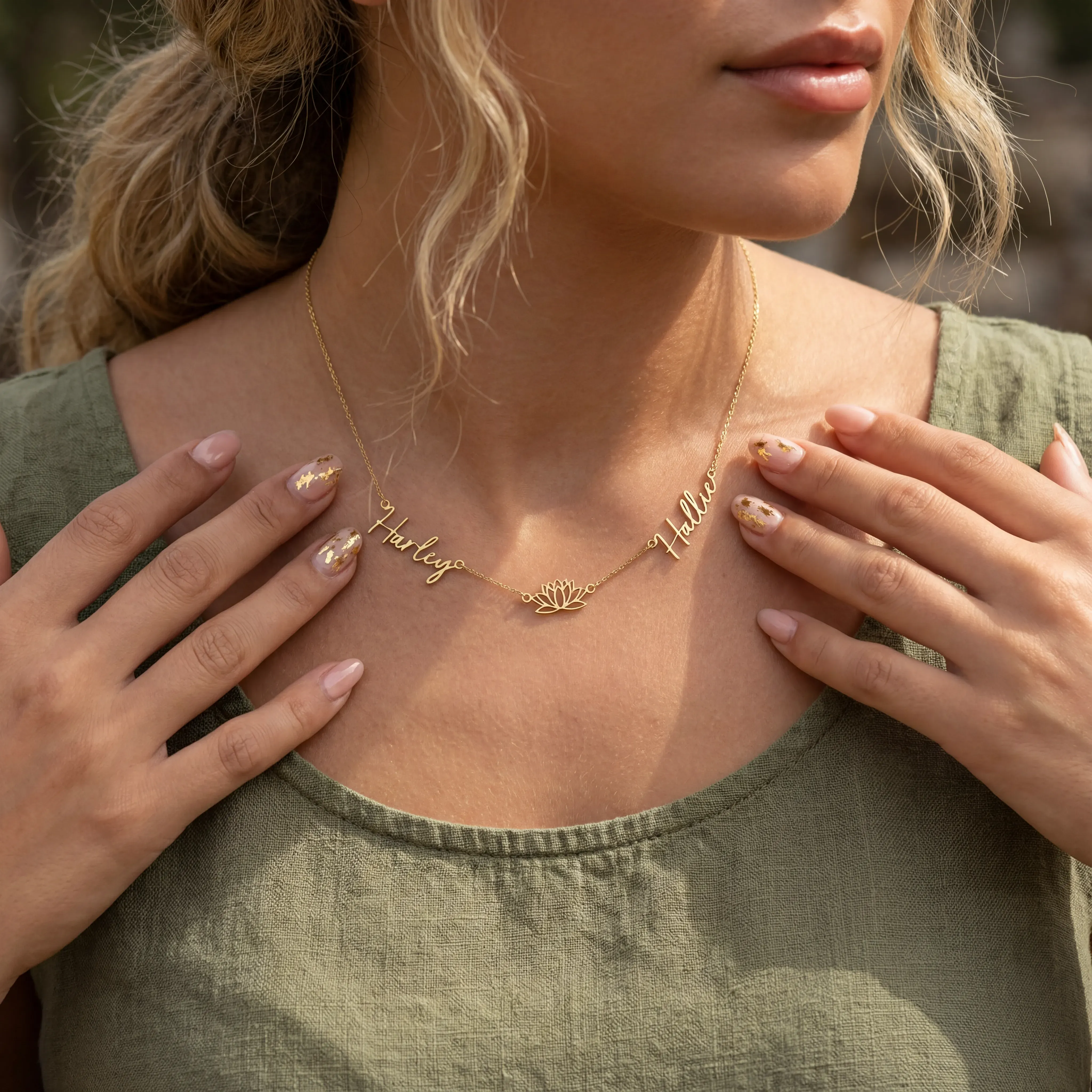 Double Name with Lotus Flower Necklace - Image 4
