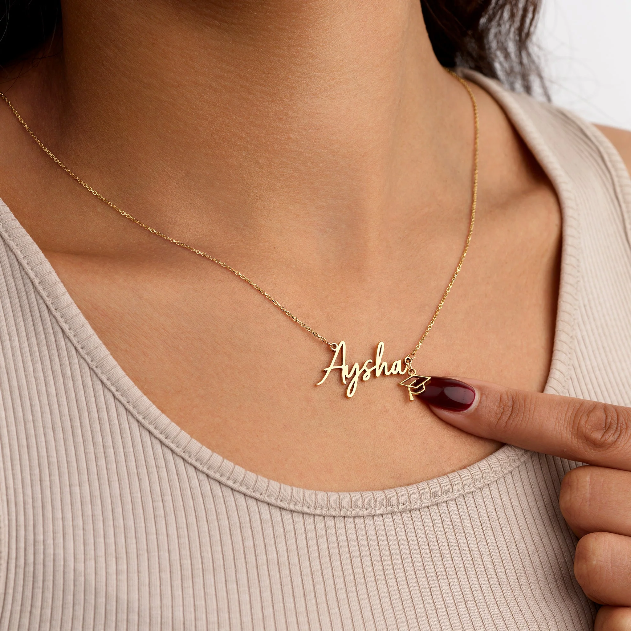 Graduation Name Necklace with Cap Charm