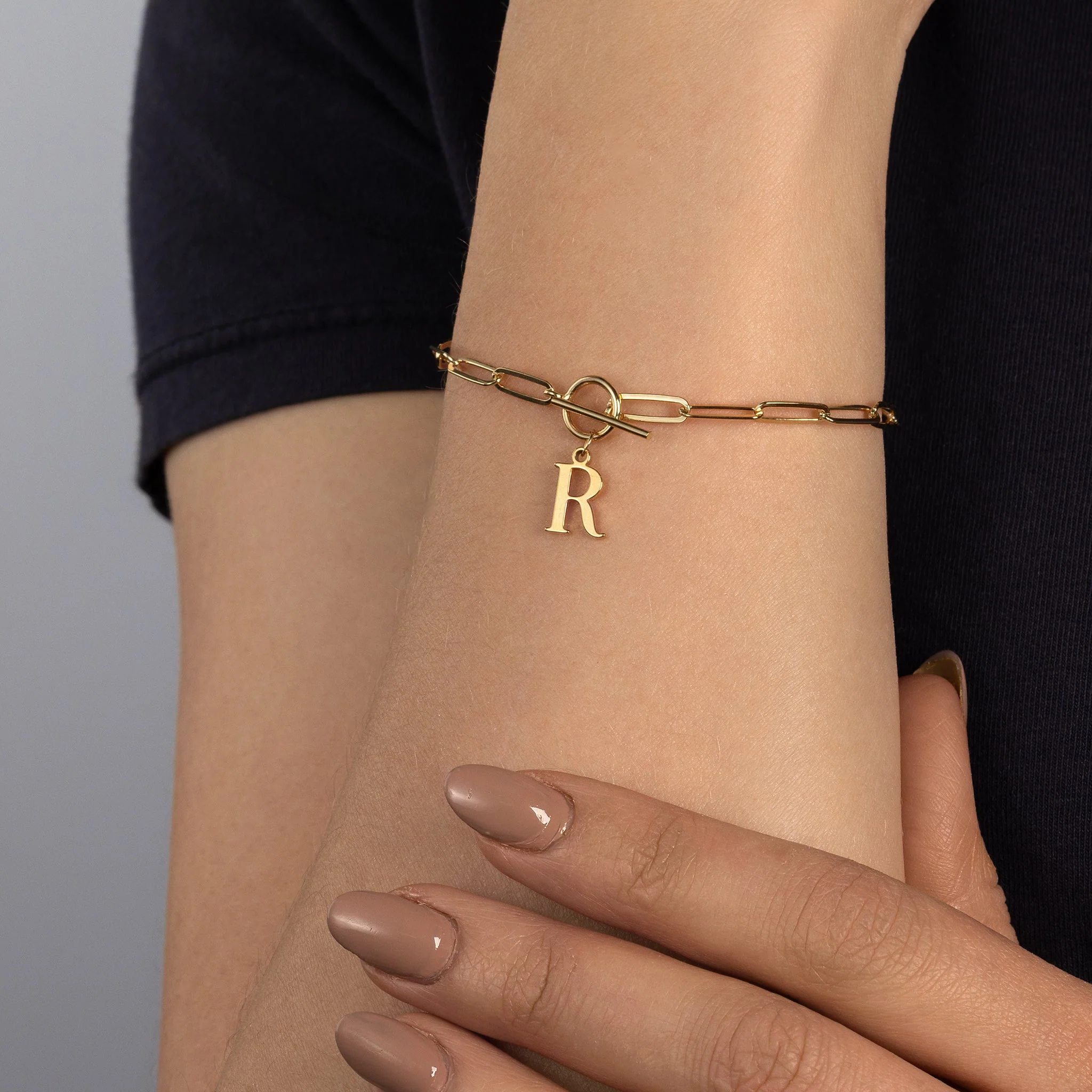 Initial Bracelet with Oval Belcher T-bar Chain