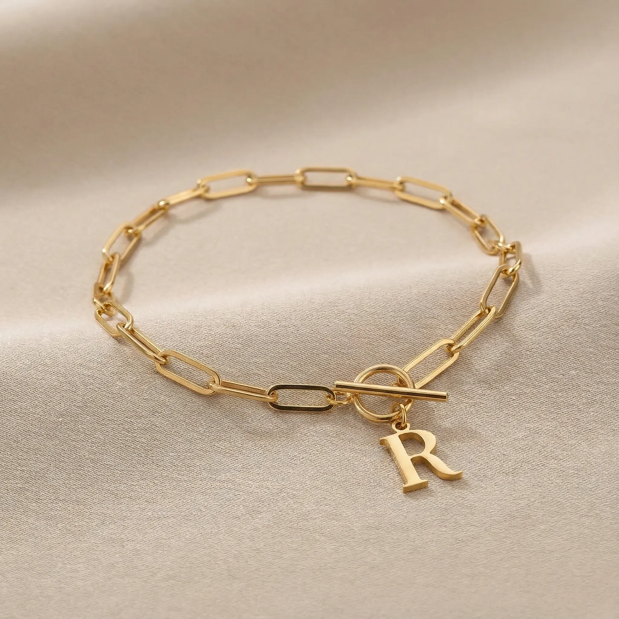 Initial Bracelet with Oval Belcher T-bar Chain - Image 2