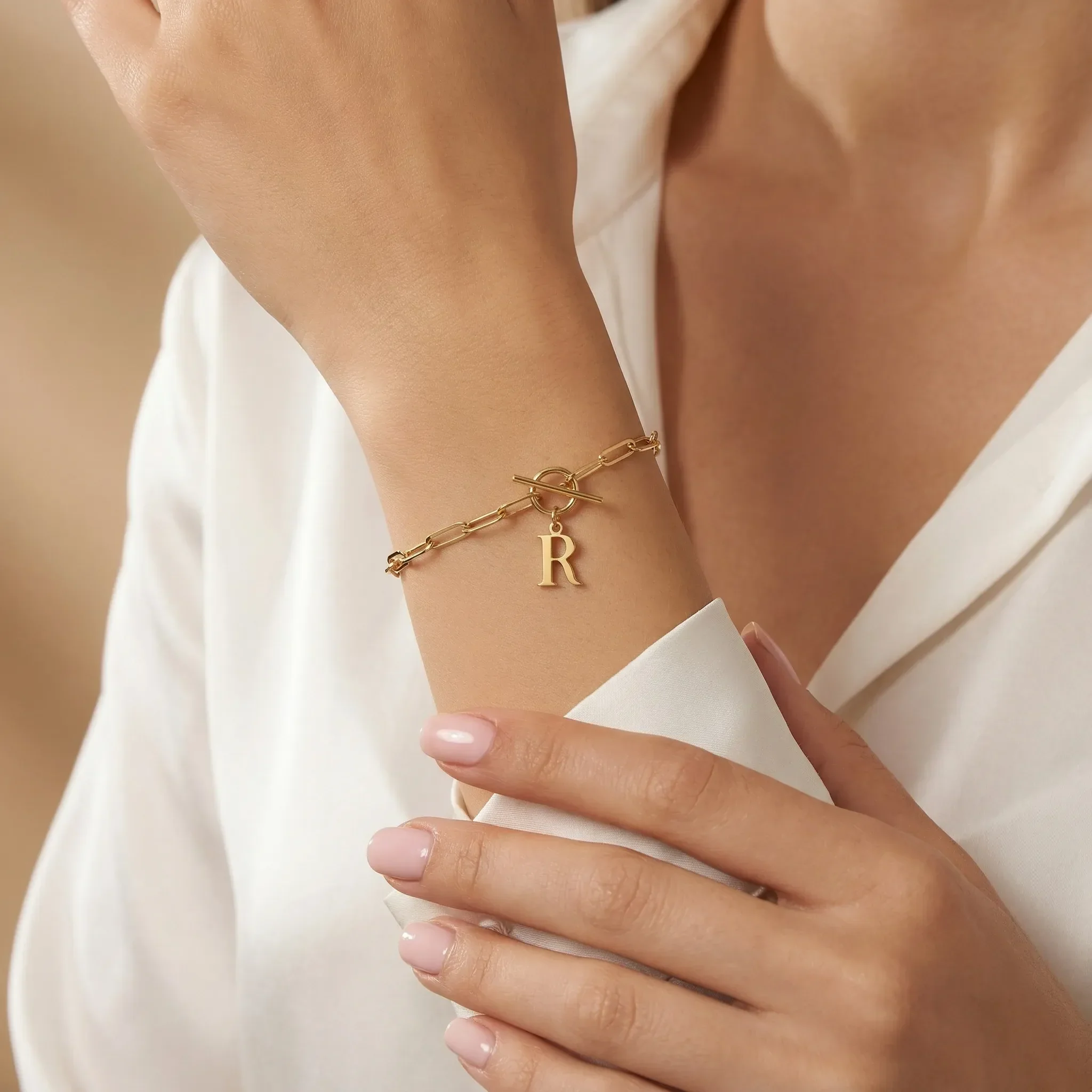 Initial Bracelet with Oval Belcher T-bar Chain - Image 3