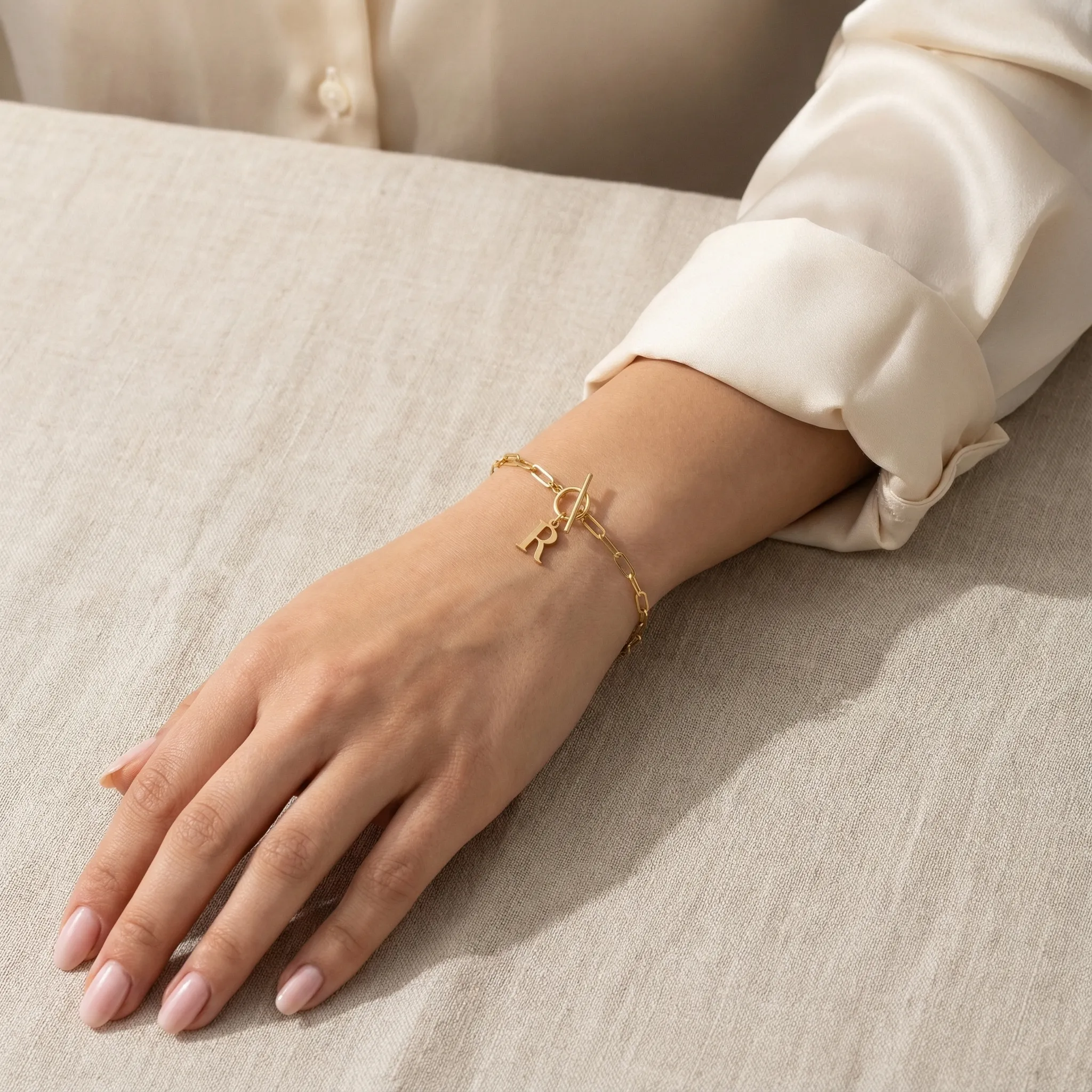 Initial Bracelet with Oval Belcher T-bar Chain - Image 4