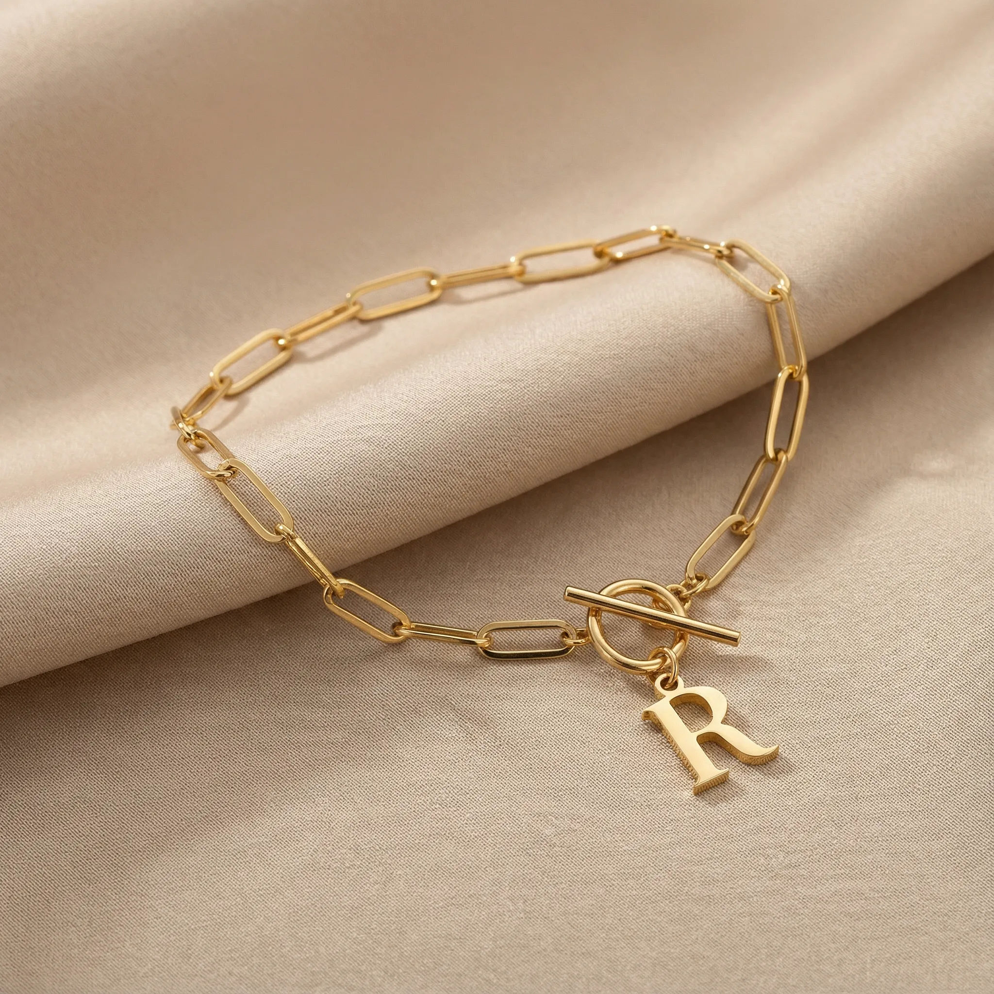 Initial Bracelet with Oval Belcher T-bar Chain - Image 6