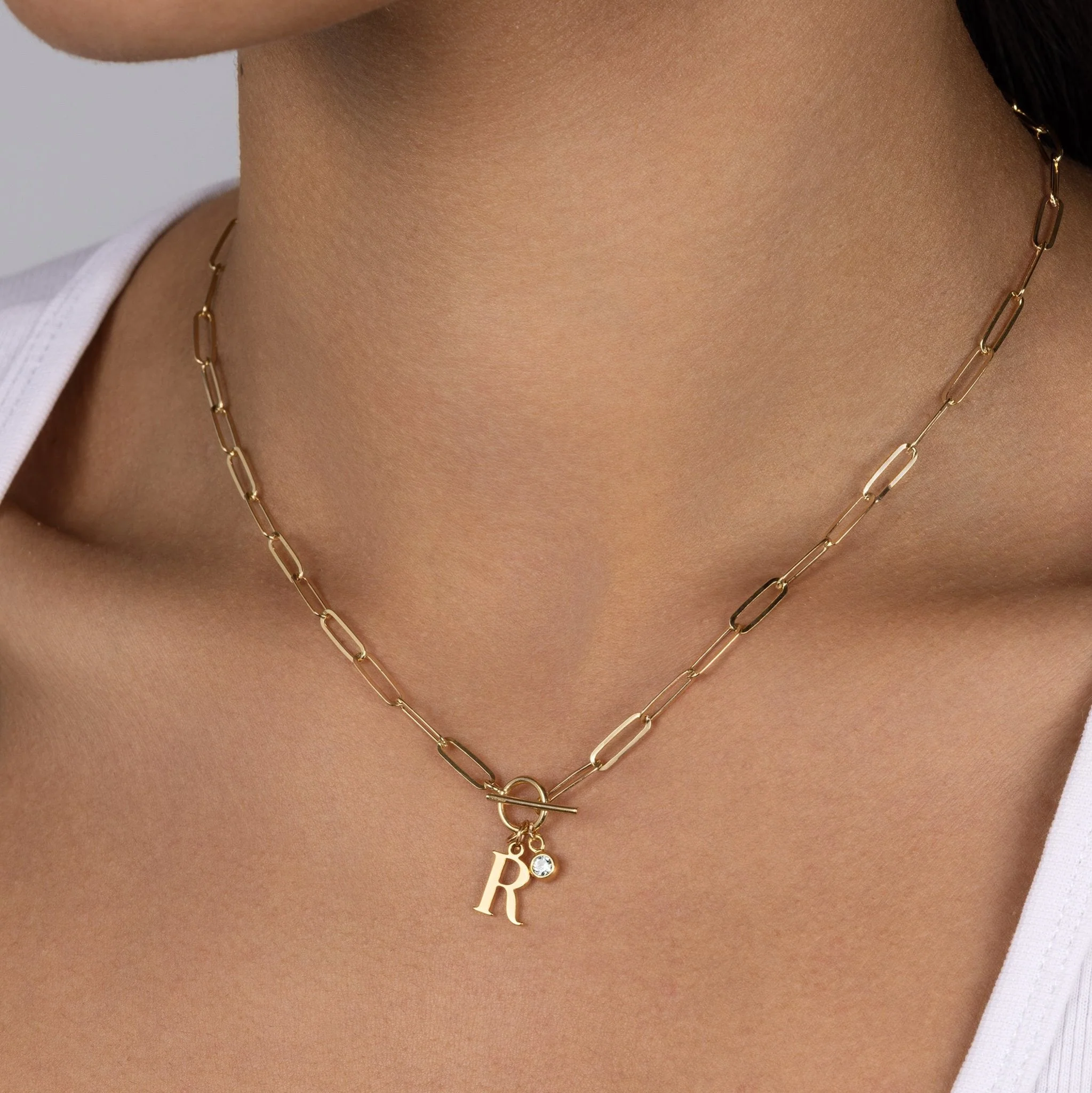 Initial Necklace with Oval Belcher T-bar Chain
