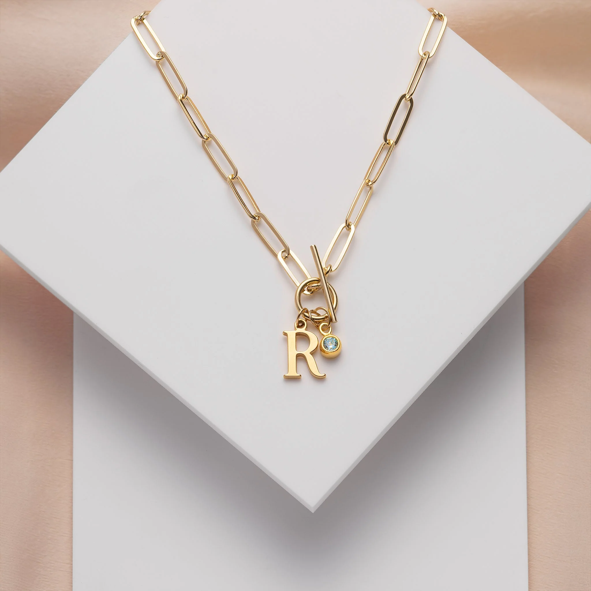 Initial Necklace with Oval Belcher T-bar Chain - Image 2
