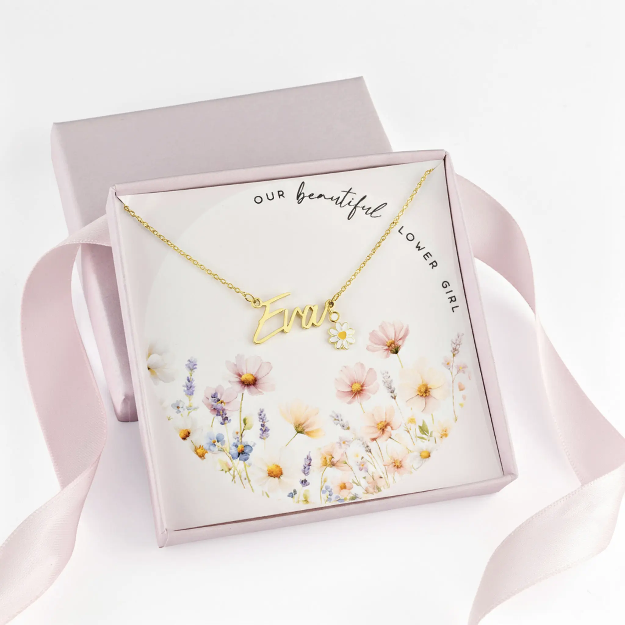 Kids Flower Girl Name Necklace with & Flower Charm - Image 3