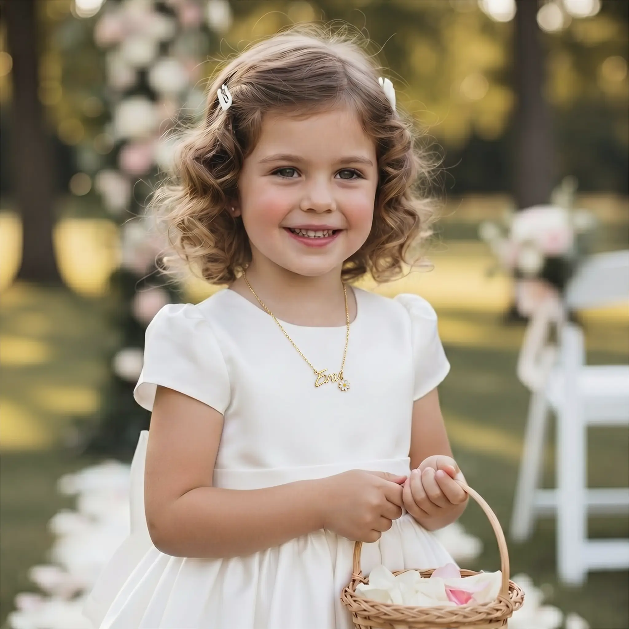 Kids Flower Girl Name Necklace with & Flower Charm - Image 4