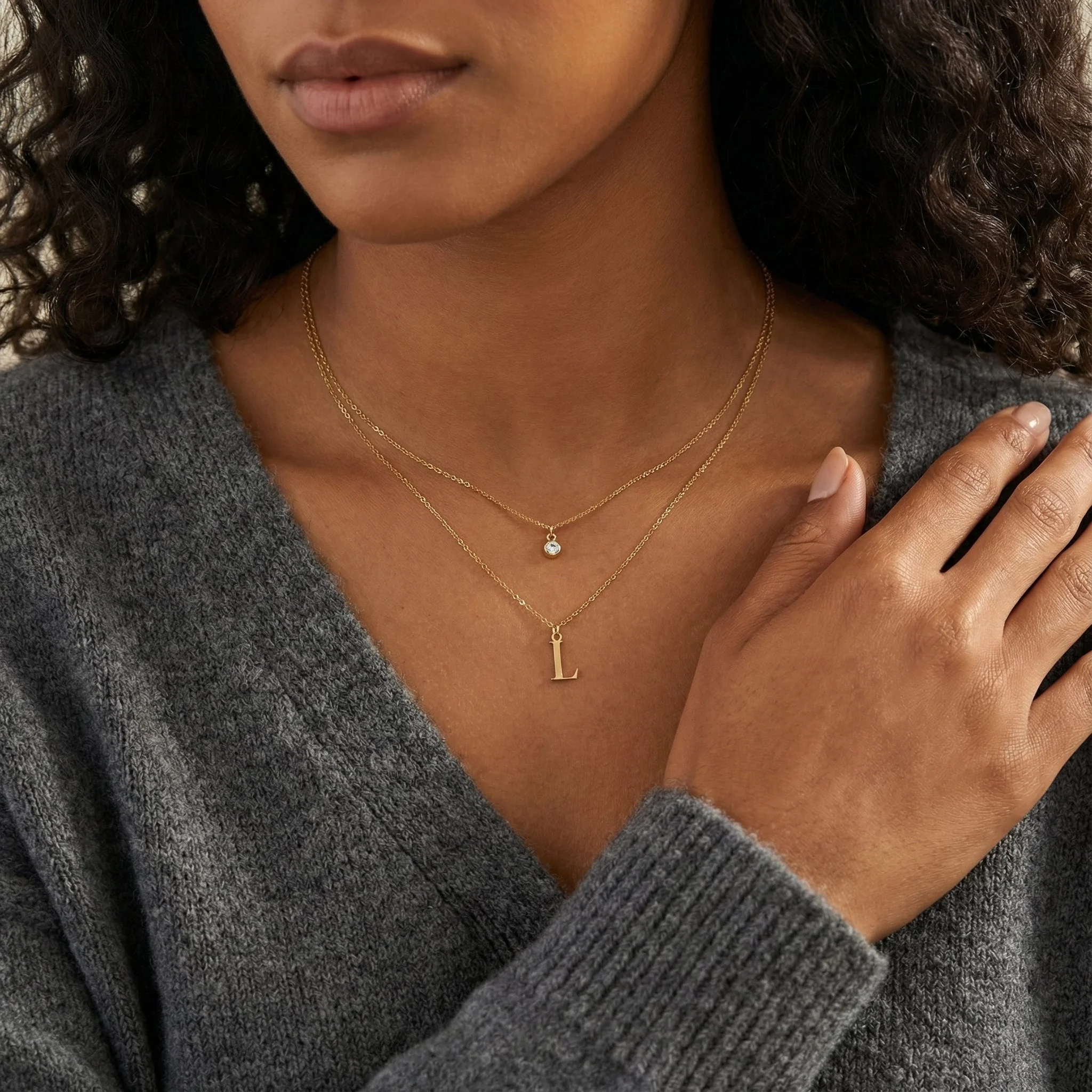 Personalised Birthstone & Initial Necklace Layered Set of 2 - Image 3