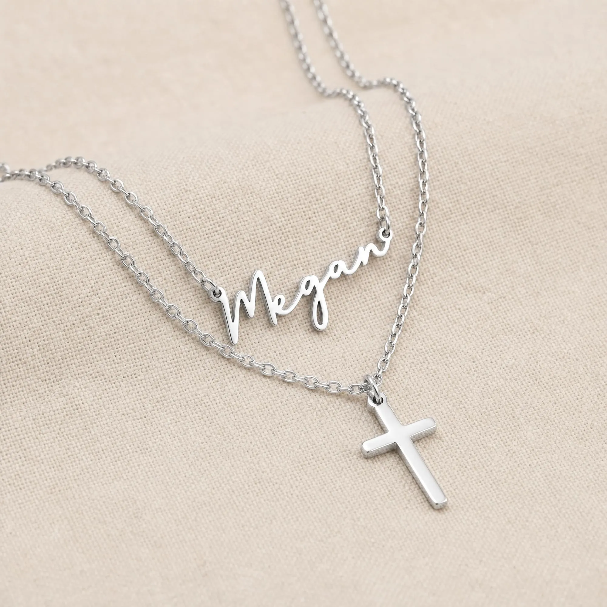 Personalised Name & Cross Layered Necklaces Set - Image 3