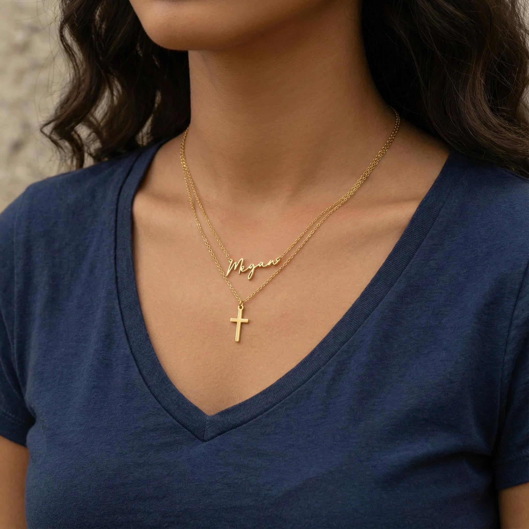 Personalised Name & Cross Layered Necklaces Set - Image 4