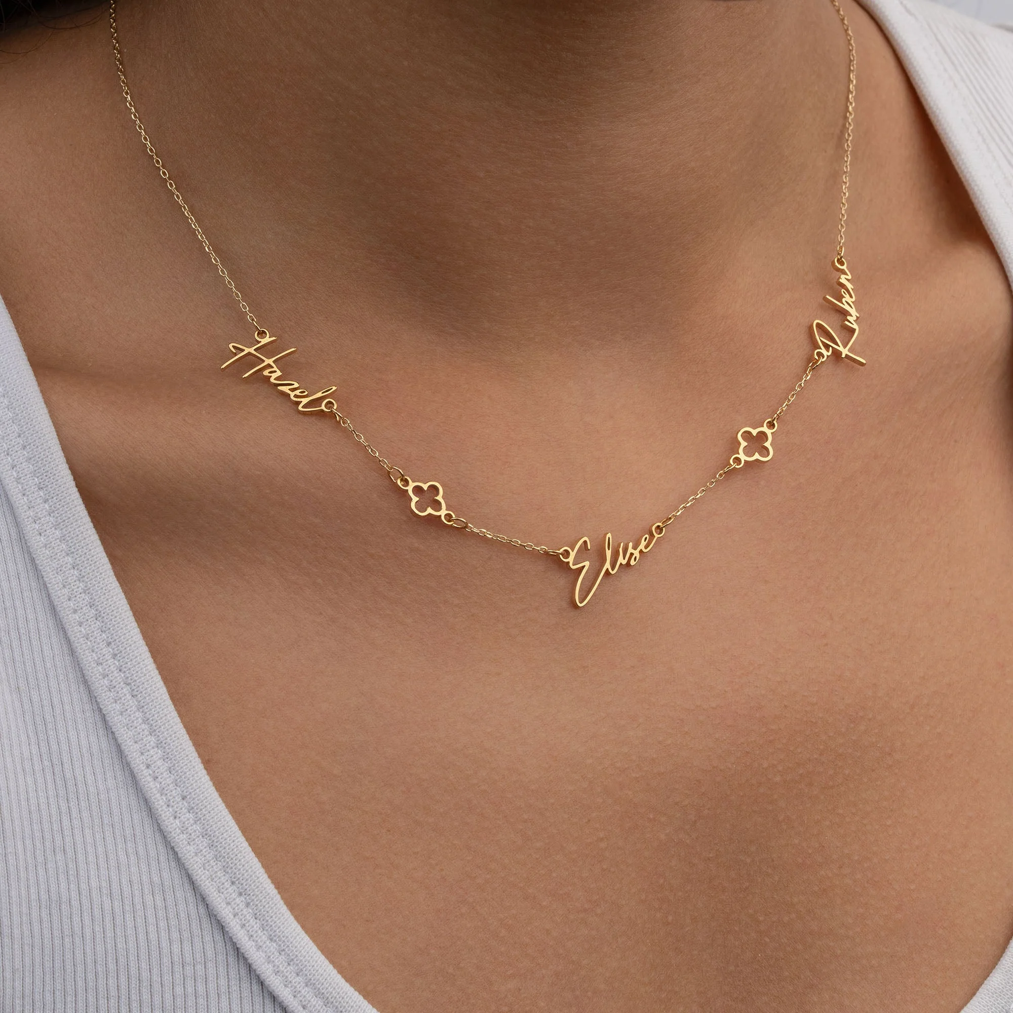 Triple Name Necklace with Two Clovers - Image 2