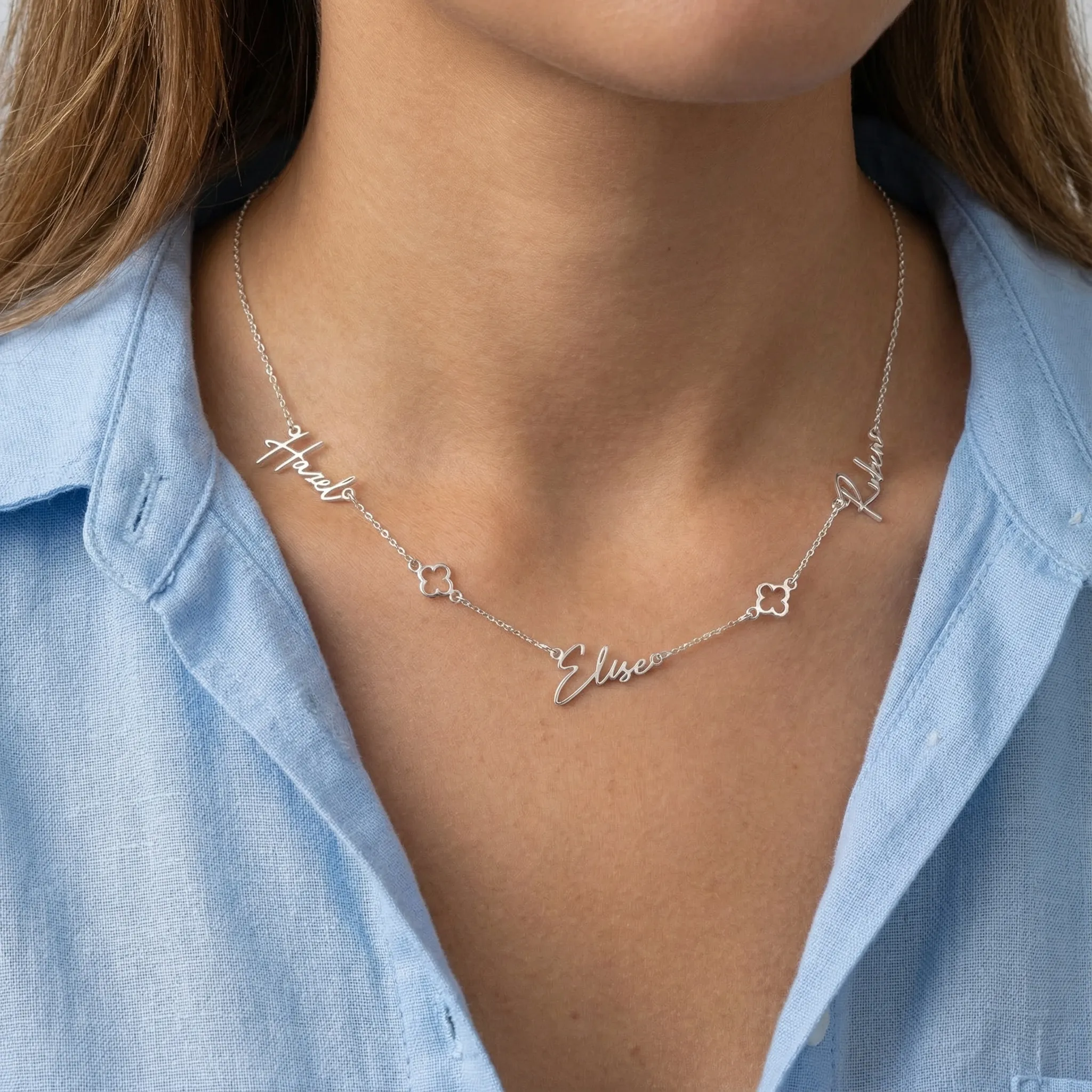 Triple Name Necklace with Two Clovers - Image 3