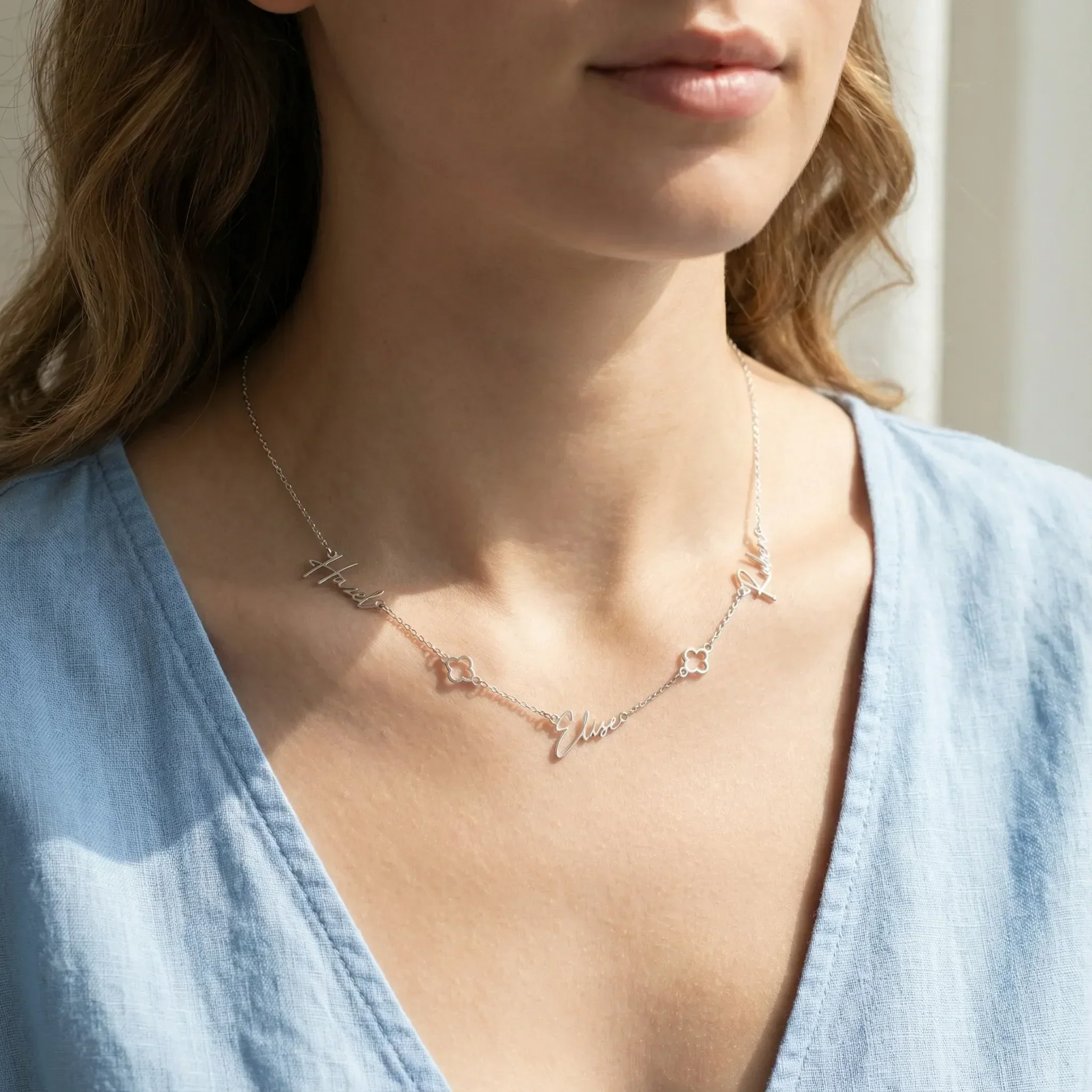 Triple Name Necklace with Two Clovers - Image 5