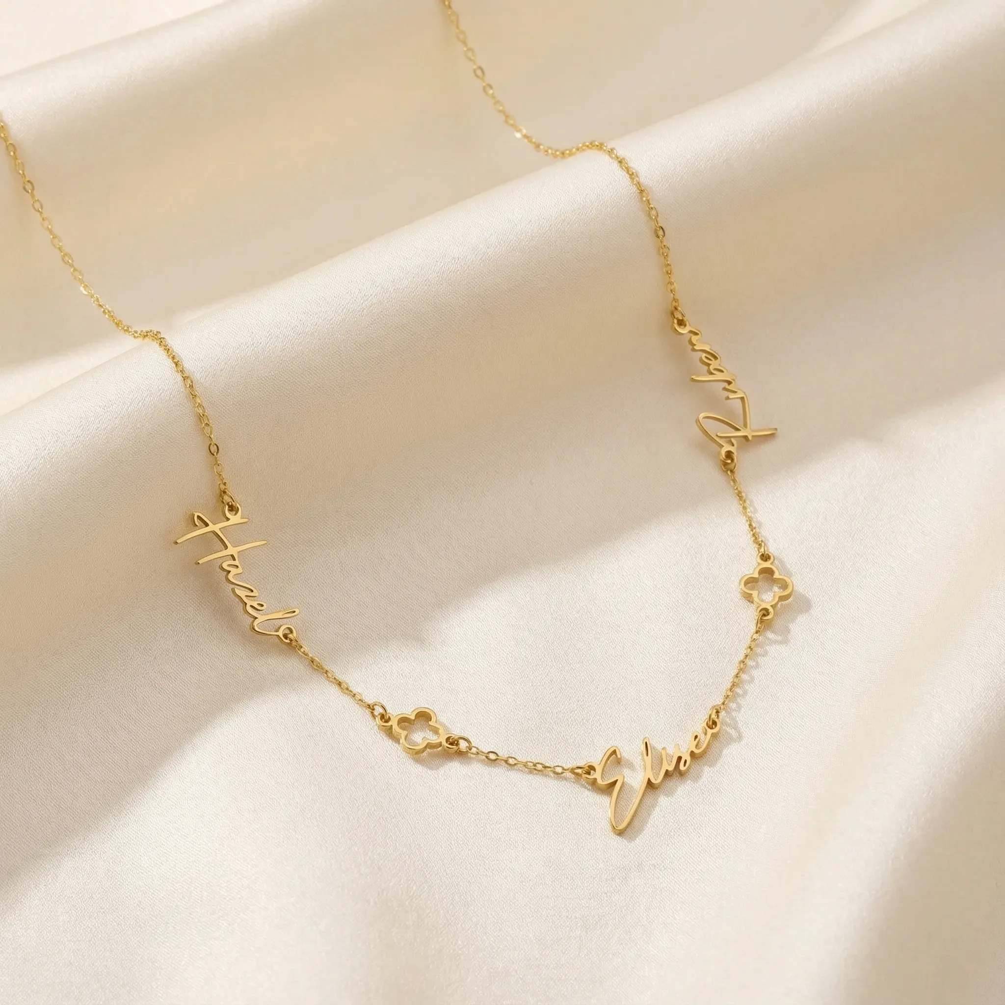 Triple Name Necklace with Two Clovers - Image 6