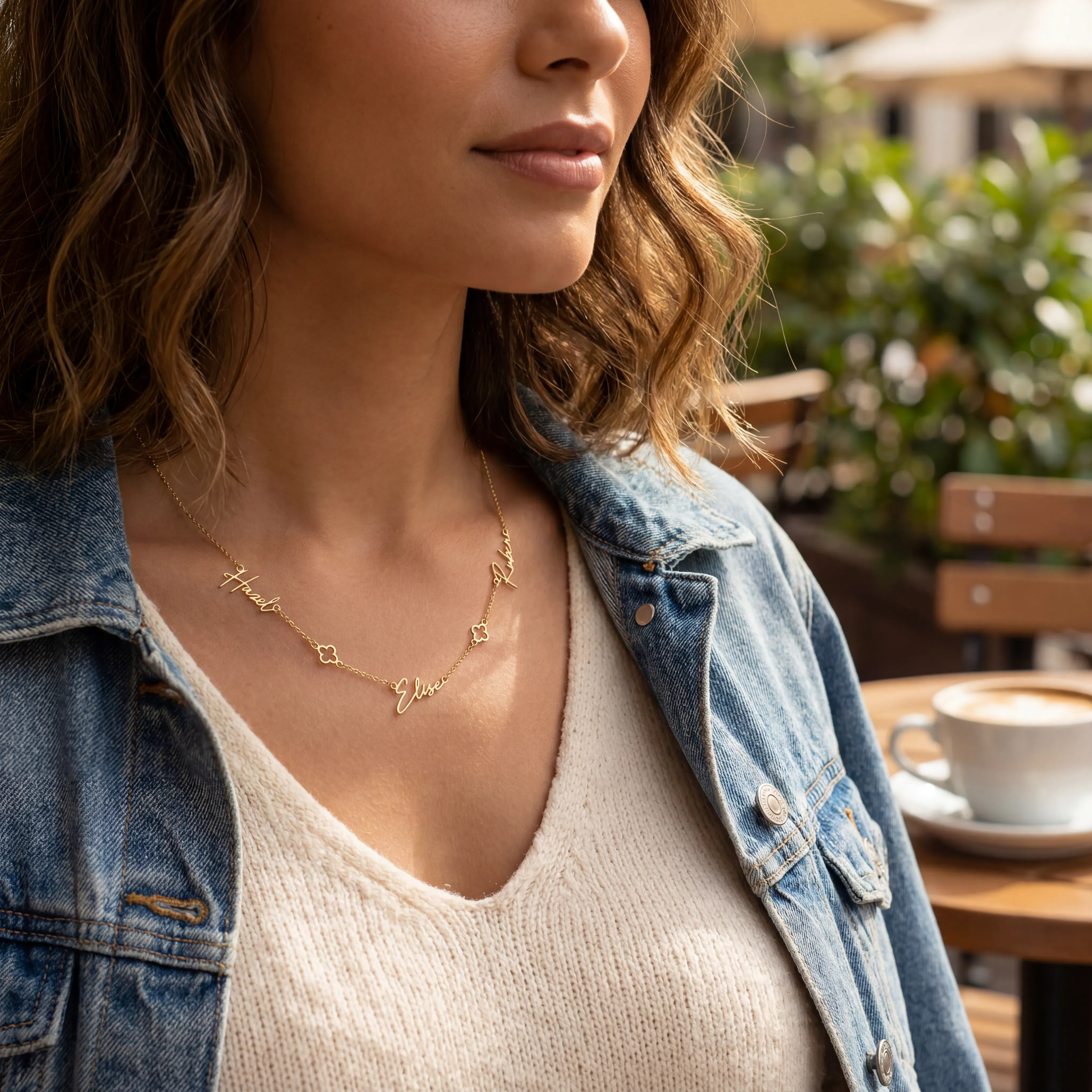 Triple Name Necklace with Two Clovers - Image 7