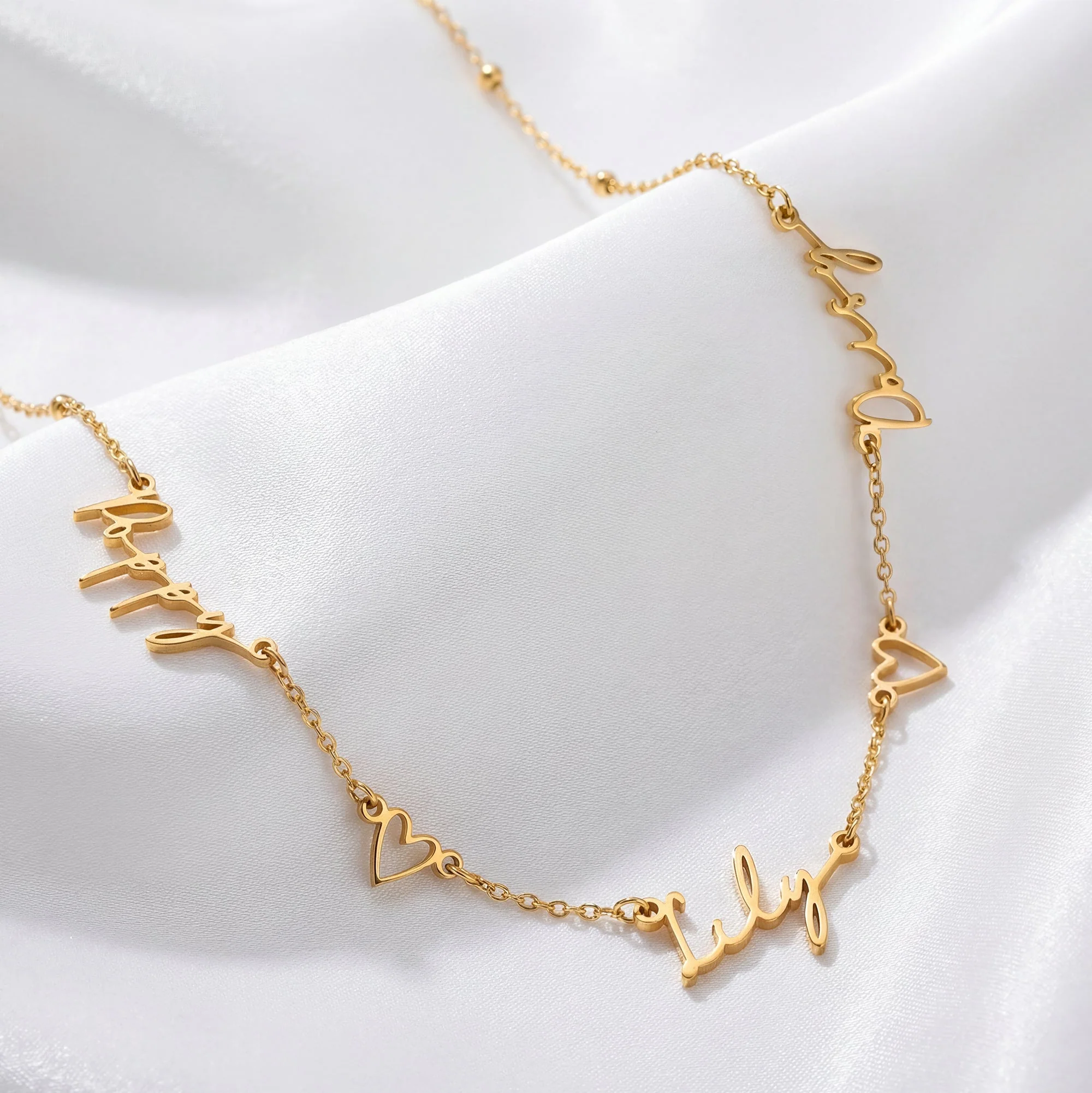 Triple Name Necklace with Two Hearts - Image 2
