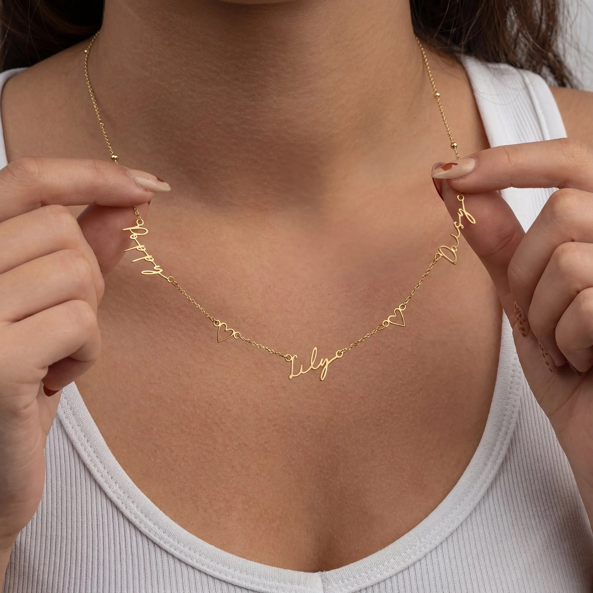 Triple Name Necklace with Two Hearts - Image 3