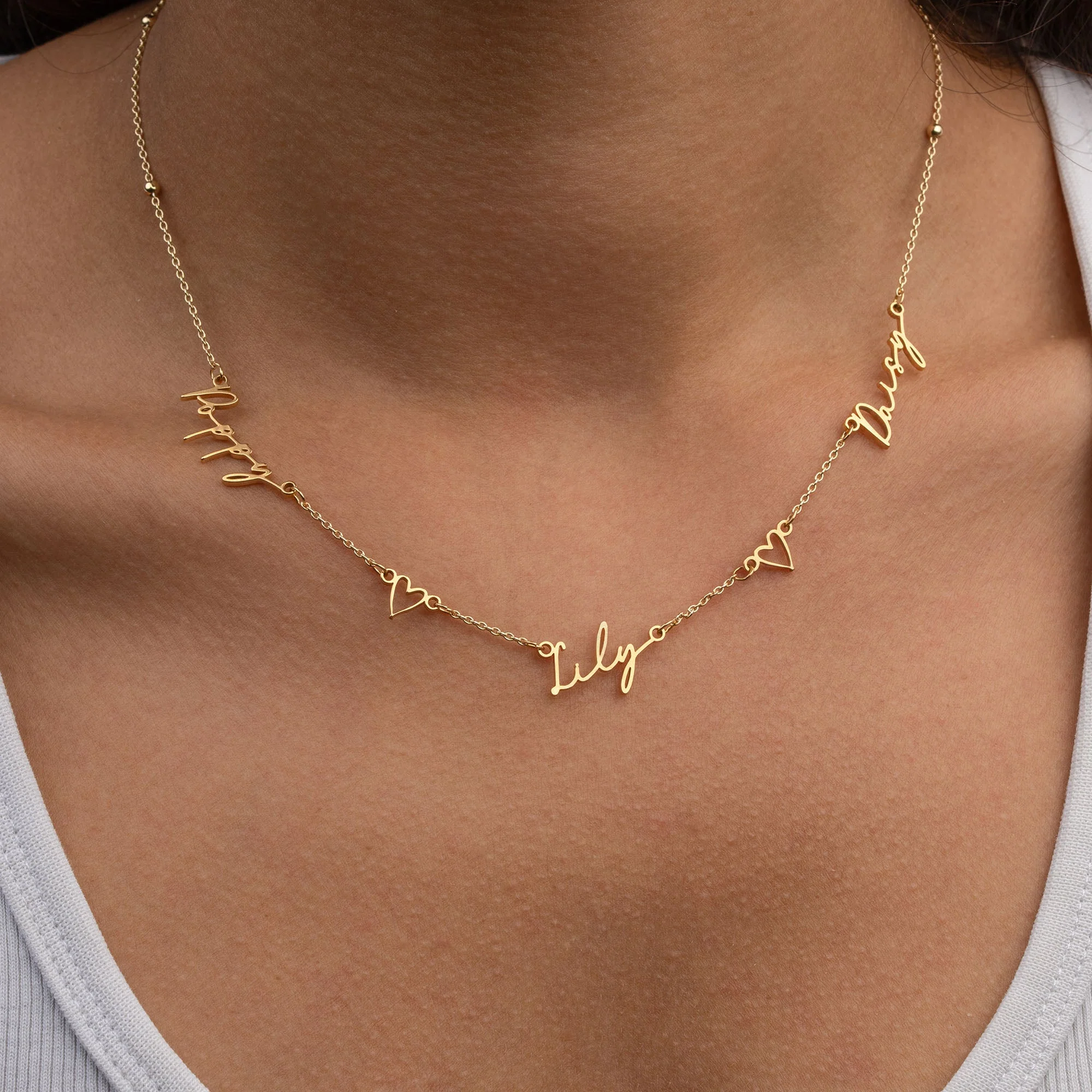 Triple Name Necklace with Two Hearts - Image 7