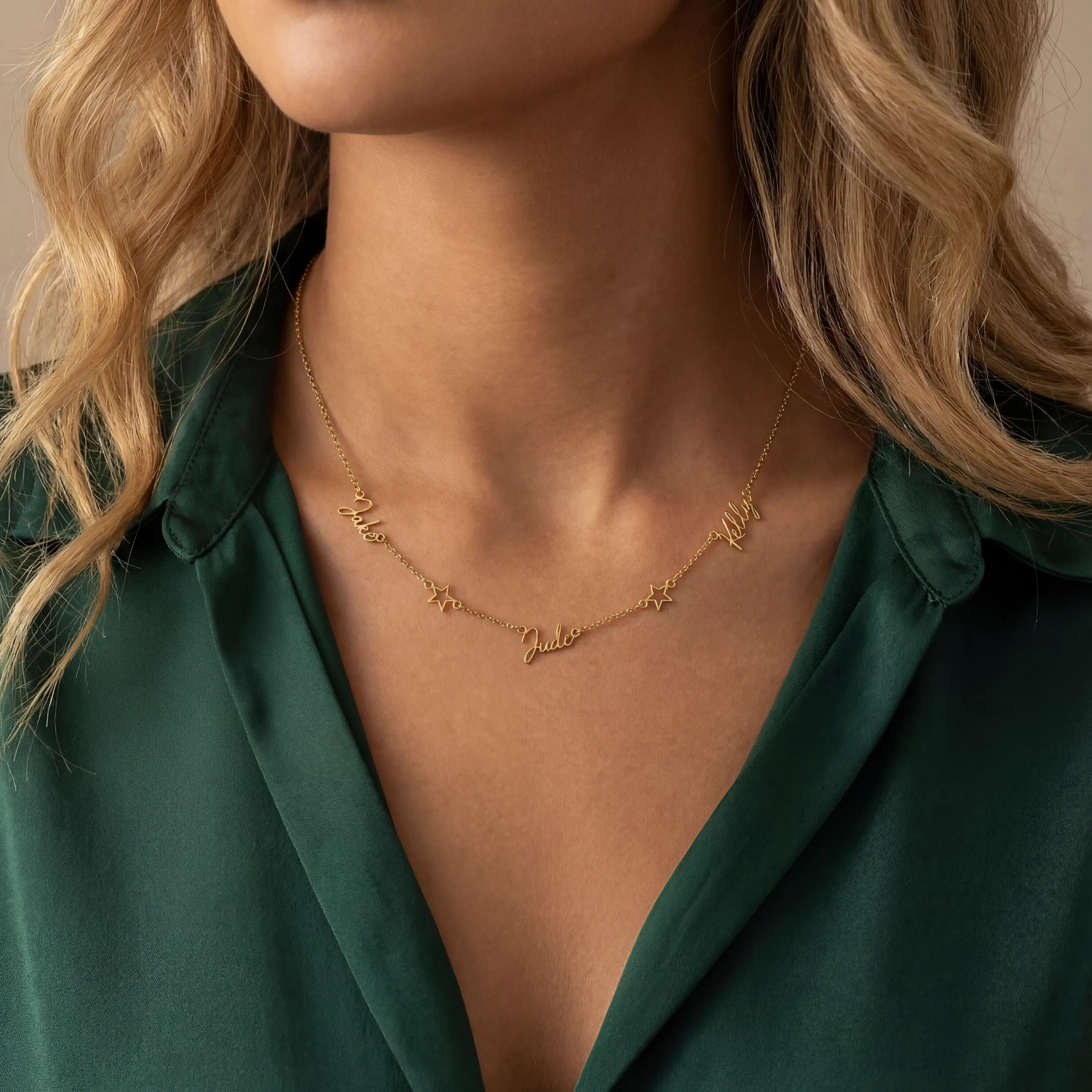 Triple Name Necklace with Two Stars