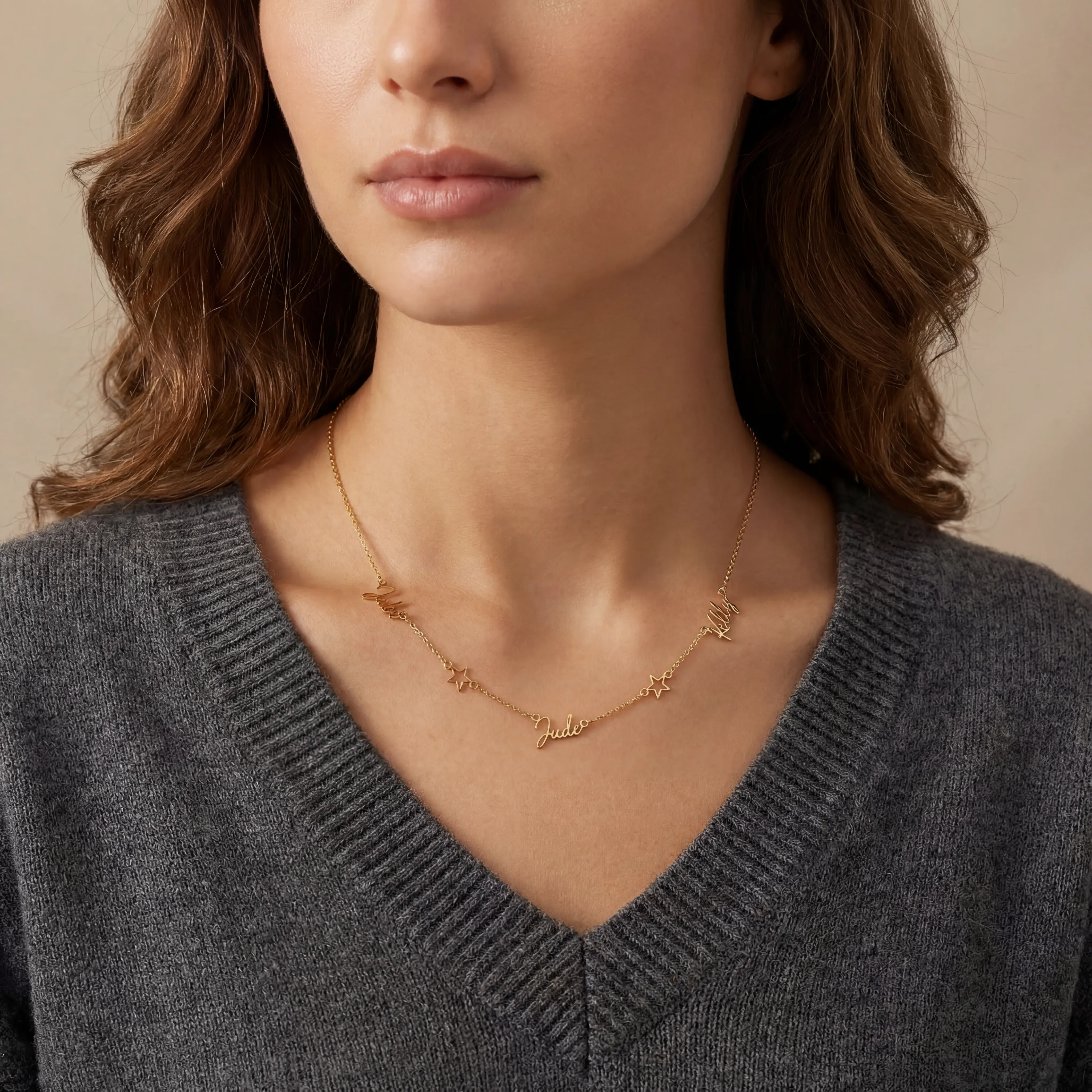 Triple Name Necklace with Two Stars - Image 3