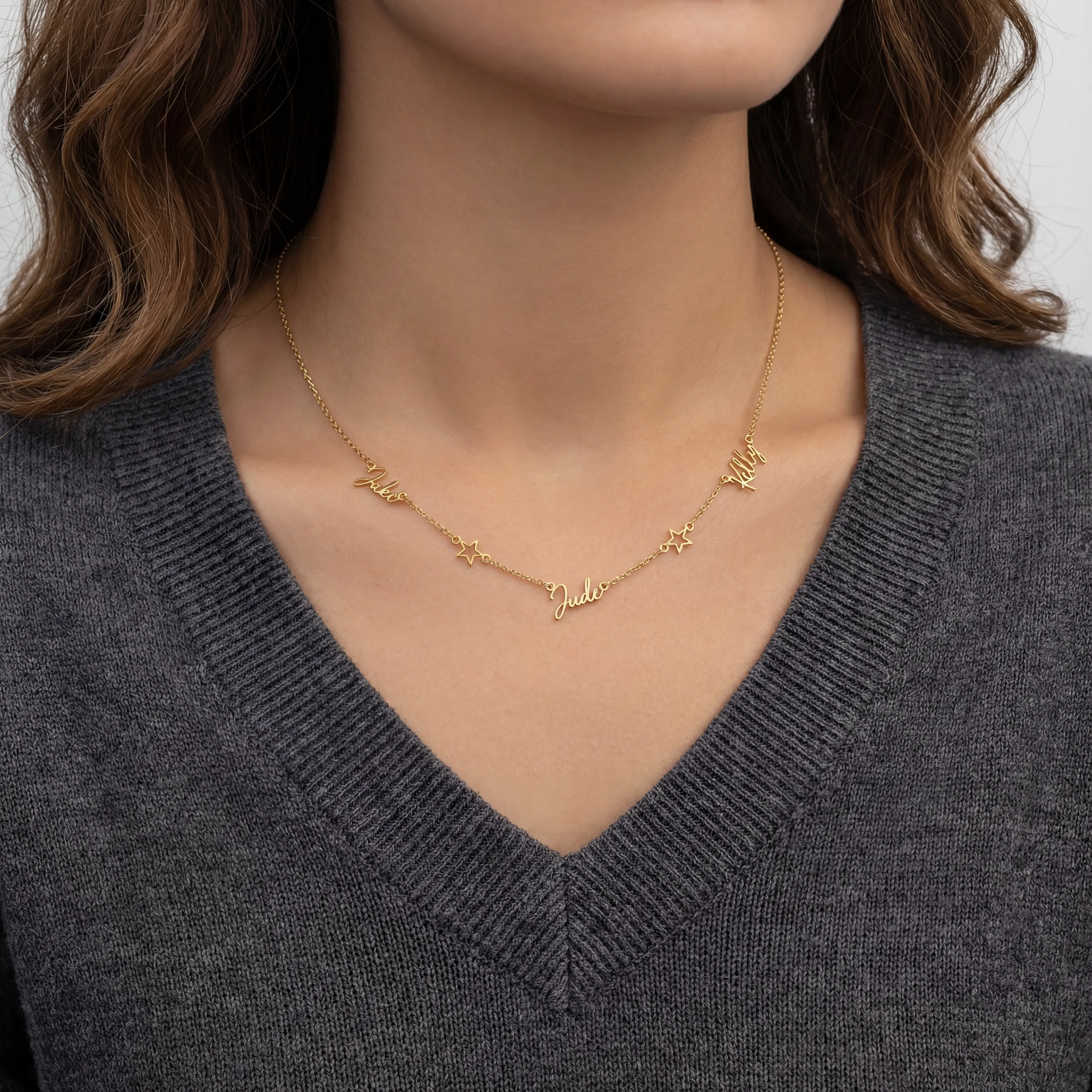 Triple Name Necklace with Two Stars - Image 4
