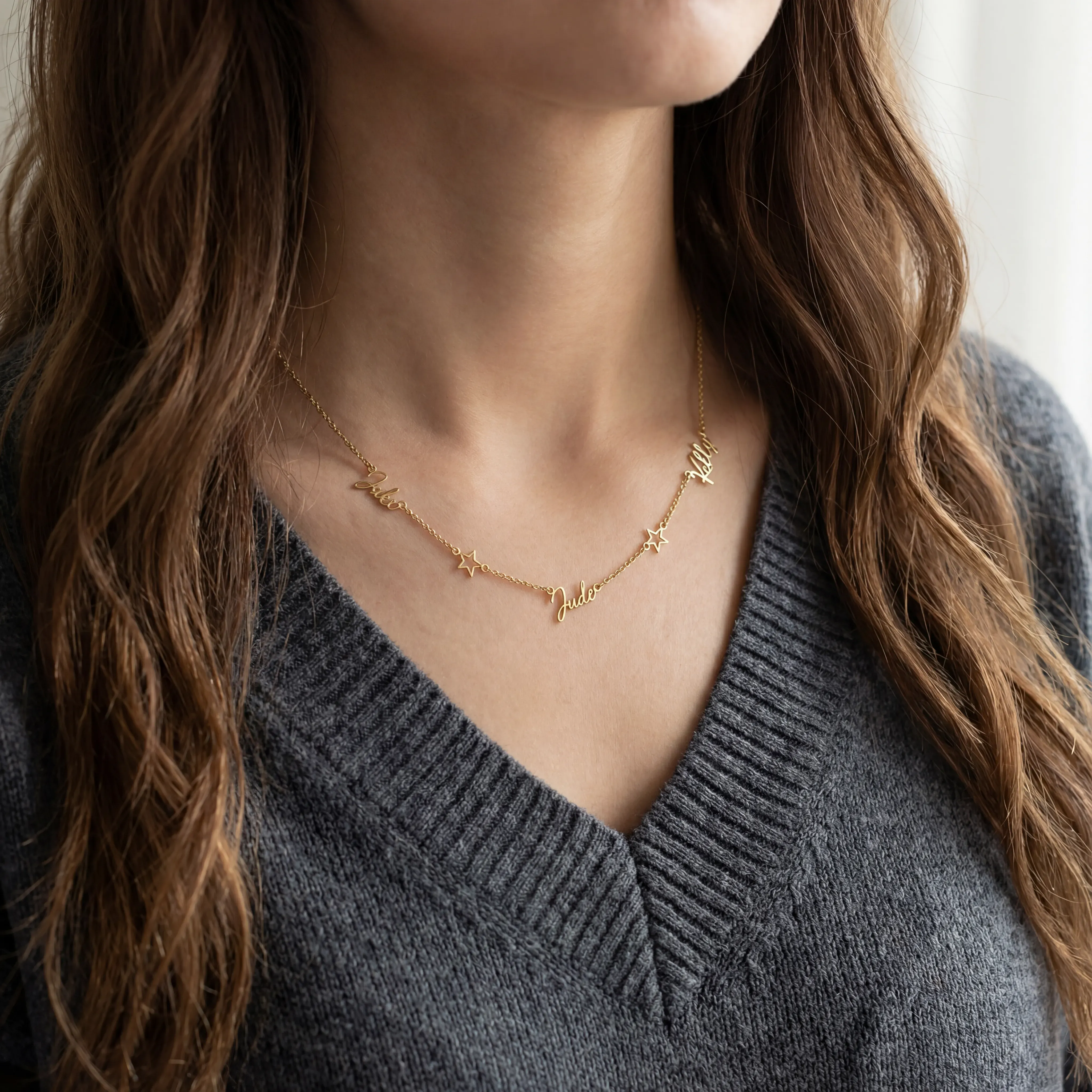 Triple Name Necklace with Two Stars - Image 5
